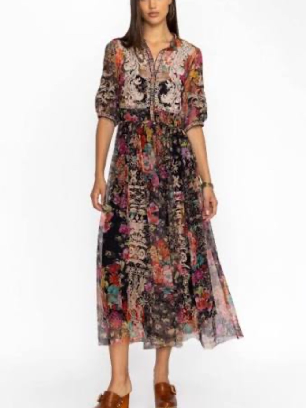 Johnny Was Mesh Embroidered MAZZY Maxi Dress Sz XS (w/ slip)